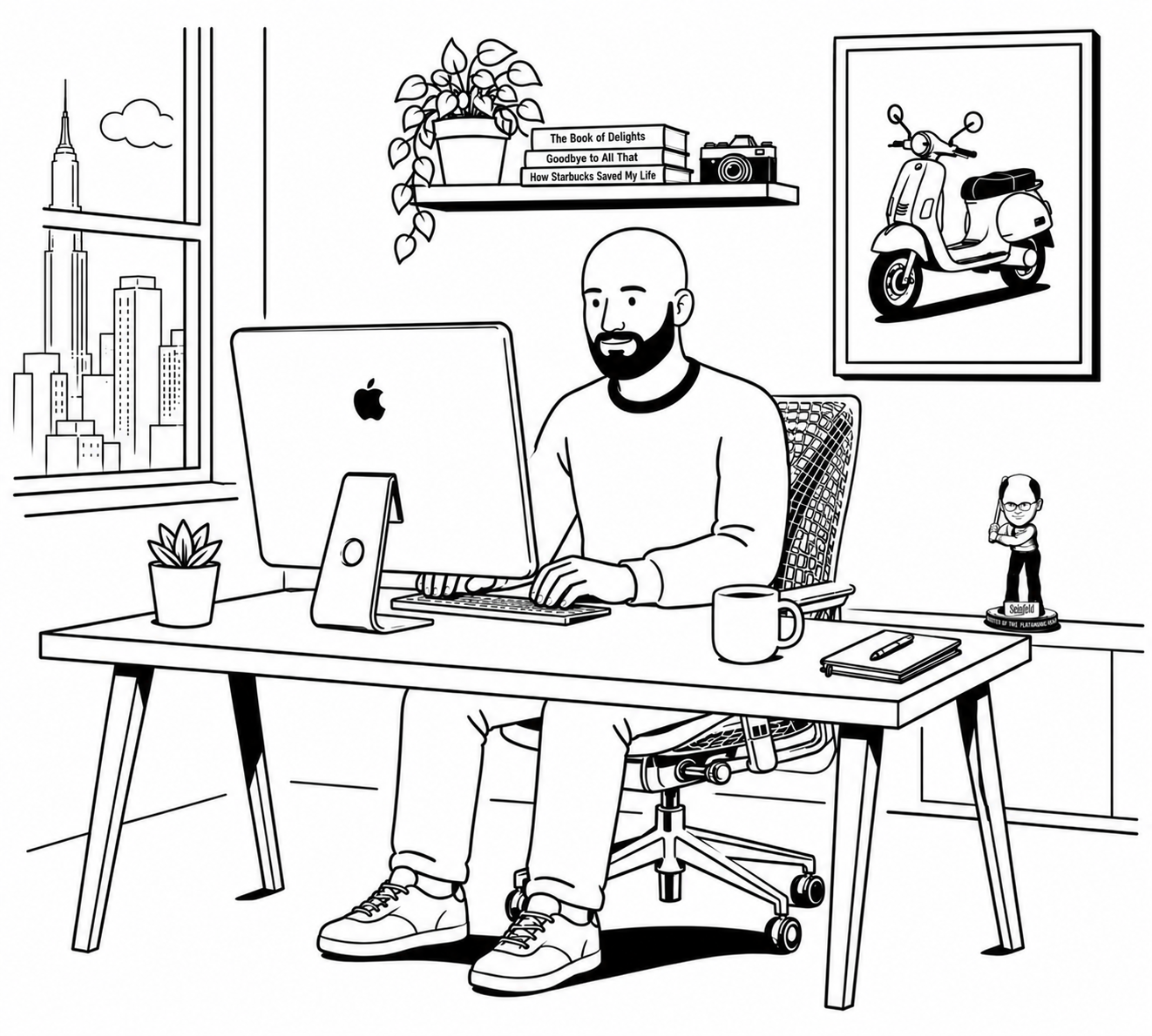 Black-and-white illustration of Will working at a desk.